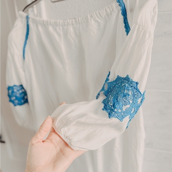 Line + Dot Boho White Beach Cover-Up Blue Embroidery Tassel Tie XS - Picture 13 of 15